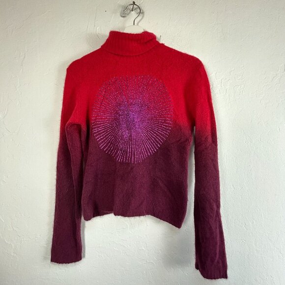 Vintage Karin Beck Women Turtleneck Sweater 3 Ombre Red Purple Angora Wool Blend - Picture 1 of 8